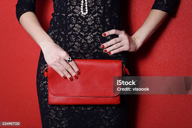 Fashionable Woman With A Red Bag In Her Hands Stock Photo - Download Image Now - Bag, Women, Black Color