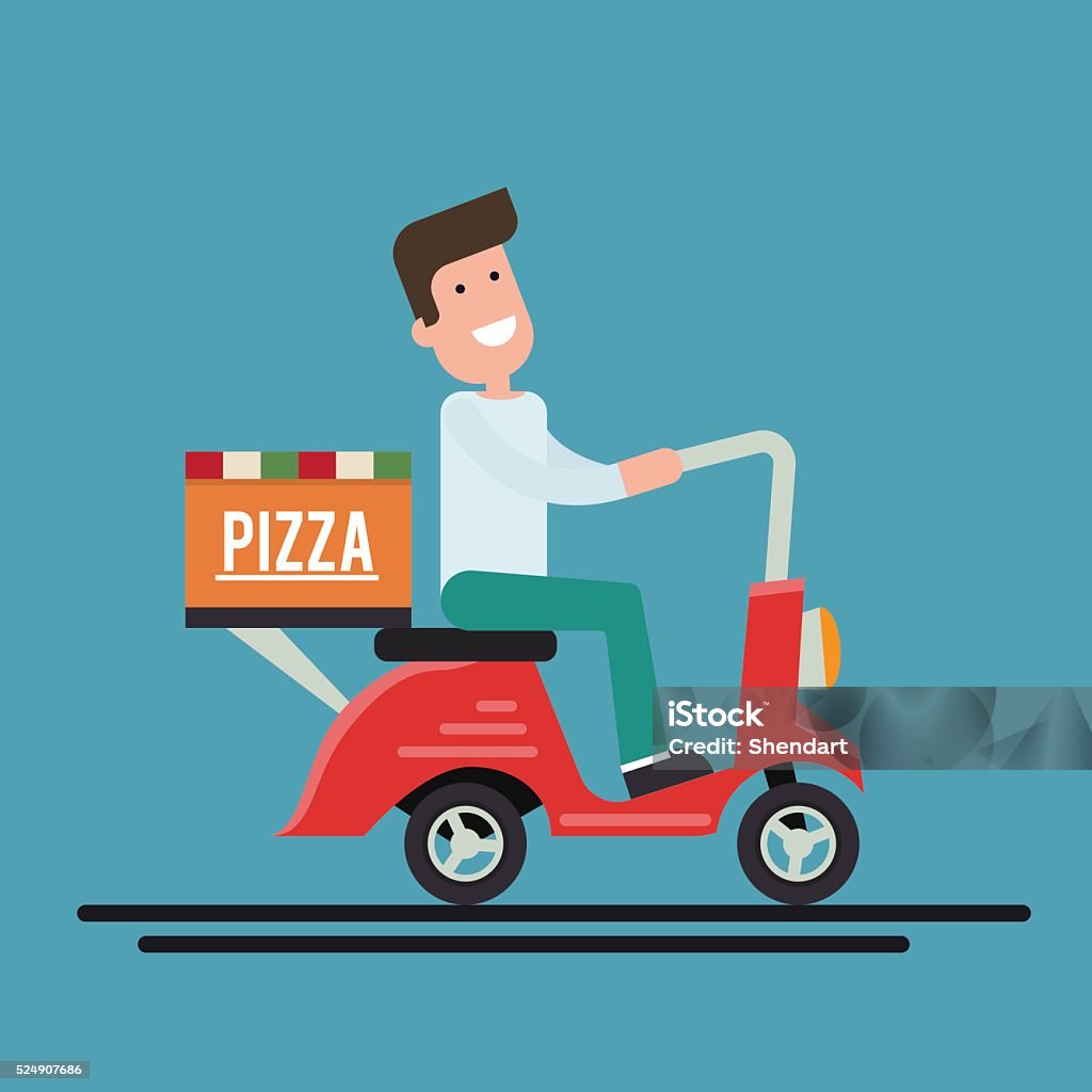 Pizza delivery courier on a scooter. Flat vector illustration. Pizza delivery courier on a scooter. Flat vector illustration Men stock vector