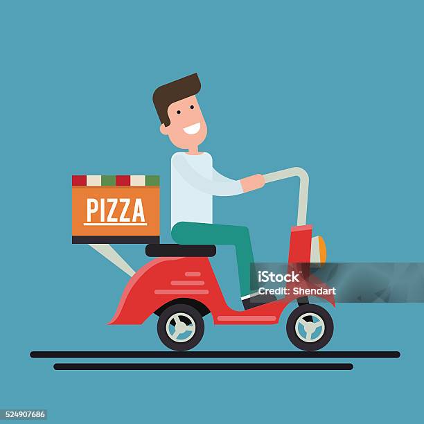 Pizza Delivery Courier On A Scooter Flat Vector Illustration Stock Illustration - Download Image Now