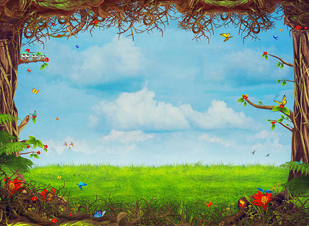 istock Beautiful woodland scene with trees , grass, butterflies   and clouds 524907794