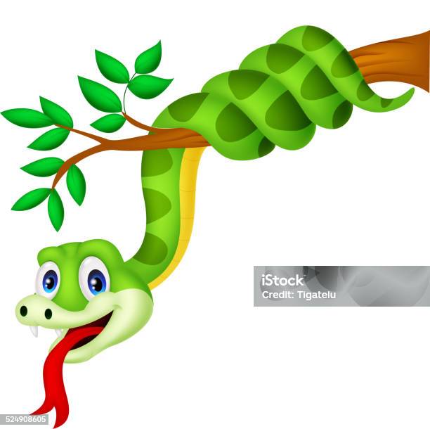 Cartoon Green Snake On Branch Stock Illustration - Download Image Now - Animal, Animal Body Part, Animal Eye