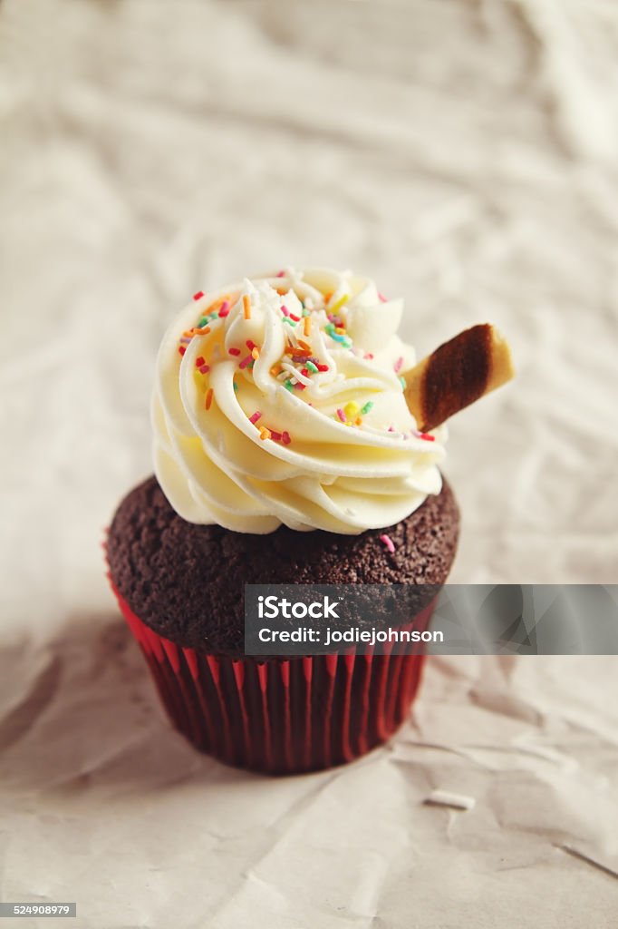 Chocolate sundae cupcake with colorful sprinkles Chocolate sundae cupcake with colorful sprinkles and clear space Accuracy Stock Photo