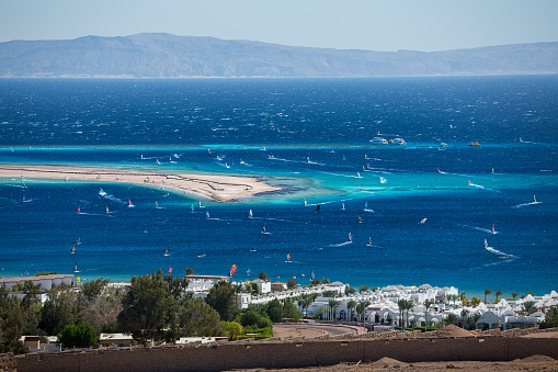 Lagoon full of windsurfers in the town of Dahab, Egypt