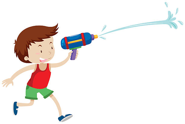 ilustraciones, imágenes clip art, dibujos animados e iconos de stock de niño jugando con pistola de agua - toy gun