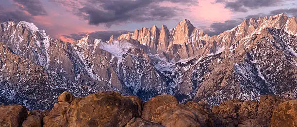Winter panorama landscape of Mount Whitney and the Eastern Sierra. California Sierra Nevada.