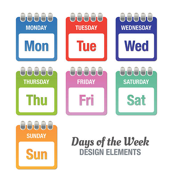 Days of the week Colorful icons with titles of days of the week isolated on white background monday stock illustrations