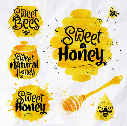 Watercolors of symbols on the topic of honey honeycomb, beehive, spot, the keg with lettering sweet honey, natural honey, sweet bees.