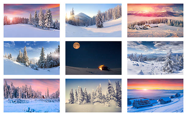 Winter Collage With 9 Different Christmas Landscapes Stock Photo