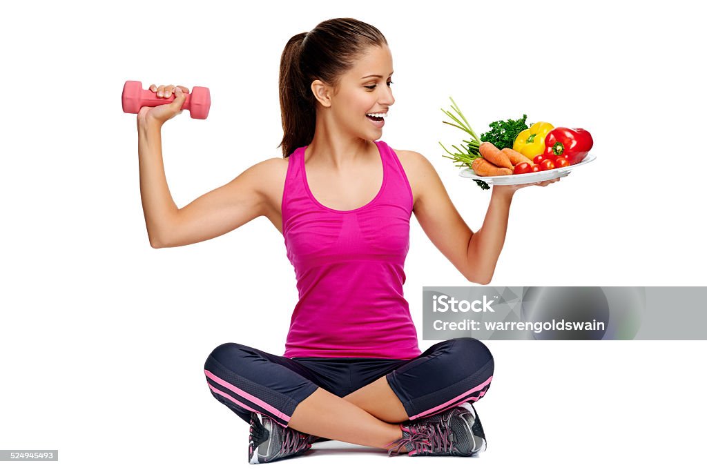 healthy balanced lifestyle healthy eating and exercise for weight loss diet concept Dumbbell Stock Photo