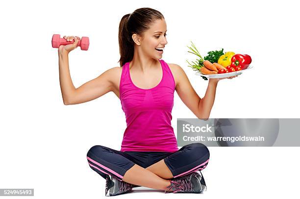 Healthy Balanced Lifestyle Stock Photo - Download Image Now - Dumbbell, Vegetable, Women