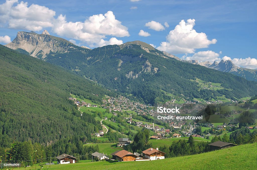 Gardena Valley,South Tyrol,Dolomites,Italy View into Gardena Valley near Sankt Ulrich in Groeden,South Tyrol,Dolomites,Italy Alto Adige - Italy Stock Photo