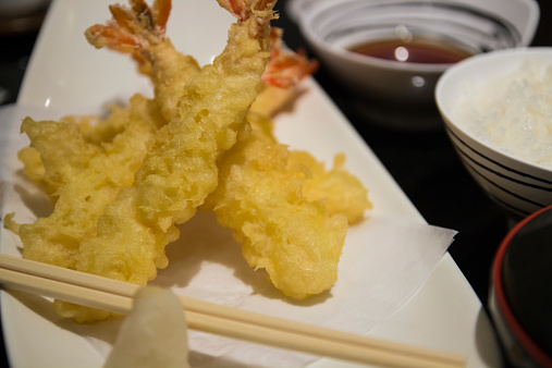 fried prawn japanese tempura with radish,rice and and soy sauce