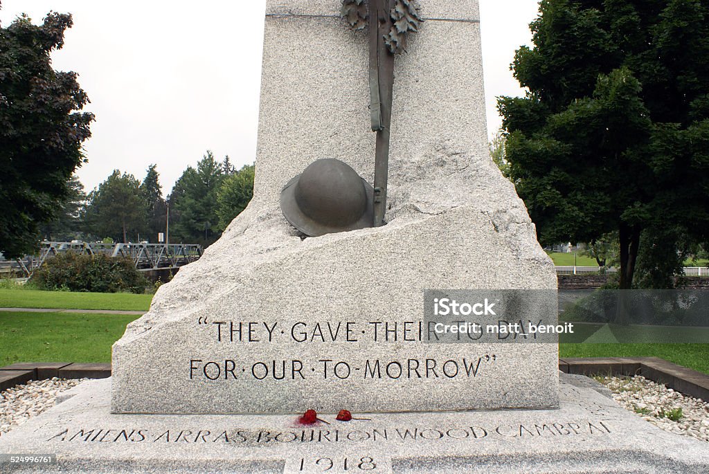 World War Memorial A world war memorial made of stone, stands proudly in the park of Smiths Falls, Ontario. Remembrance Sunday Stock Photo