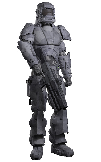 Science fiction illustration of a futuristic Space Marine wearing a suit of heavy urban combat armour, 3d digitally rendered illustration.