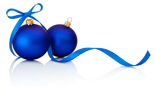 istock Two Blue Christmas balls with ribbon bow Isolated on white 524998113