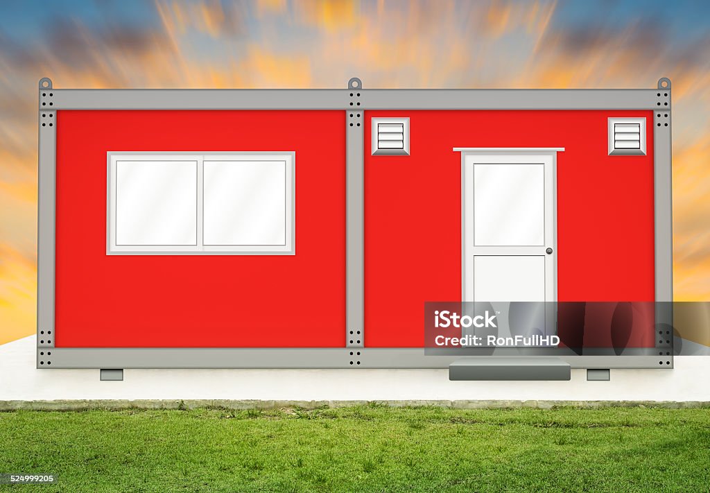 Container house Red container house on concrete pedestal with sky background. Block Shape Stock Photo