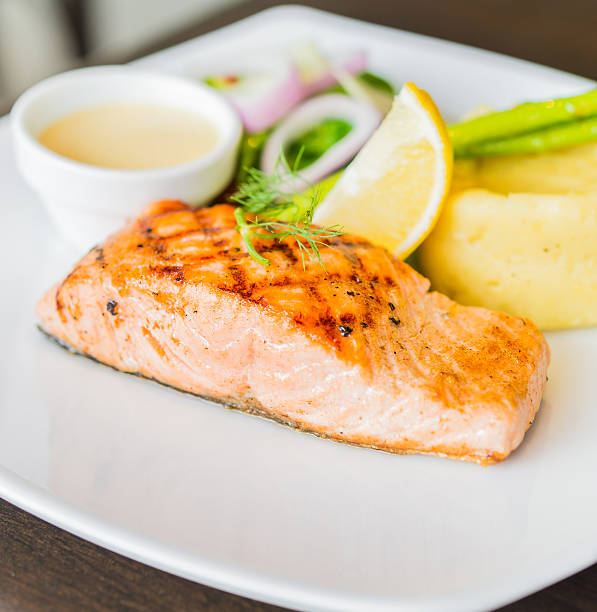 istock Salmon fish fillet grilled steak 525000967
