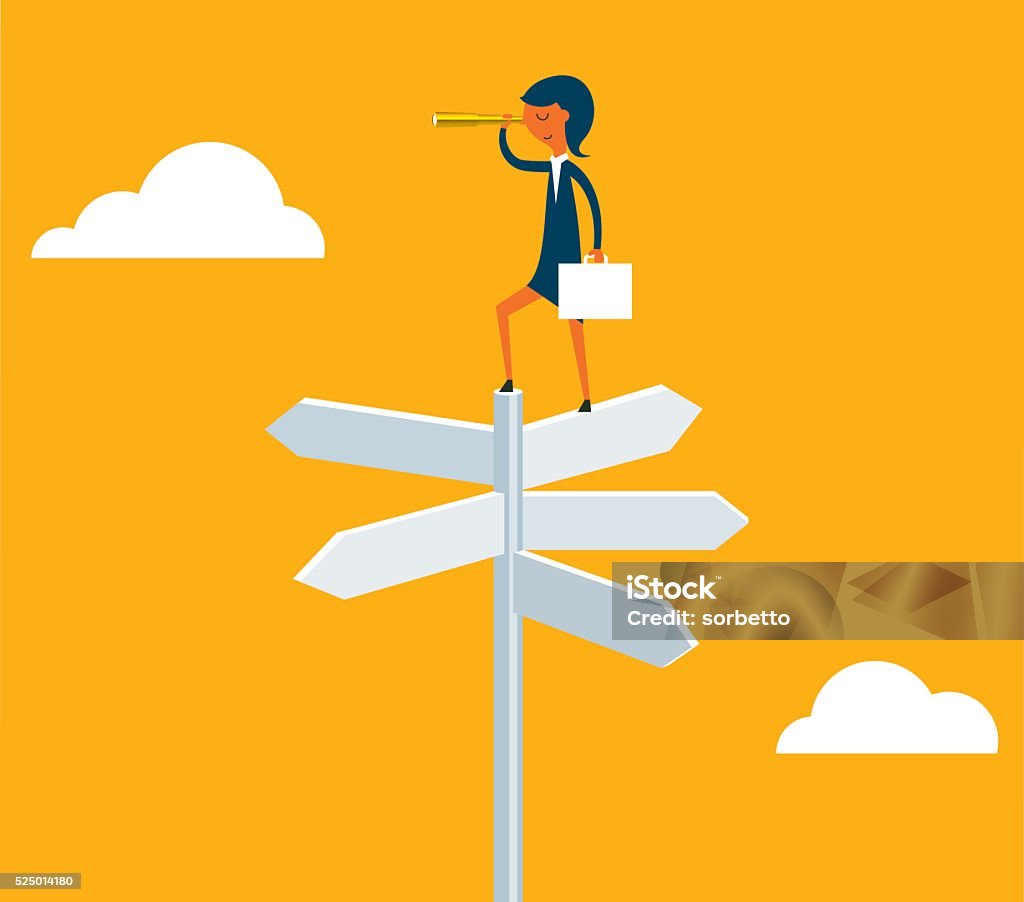 Businesswoman with spyglass on a crossroad sign Direction stock vector