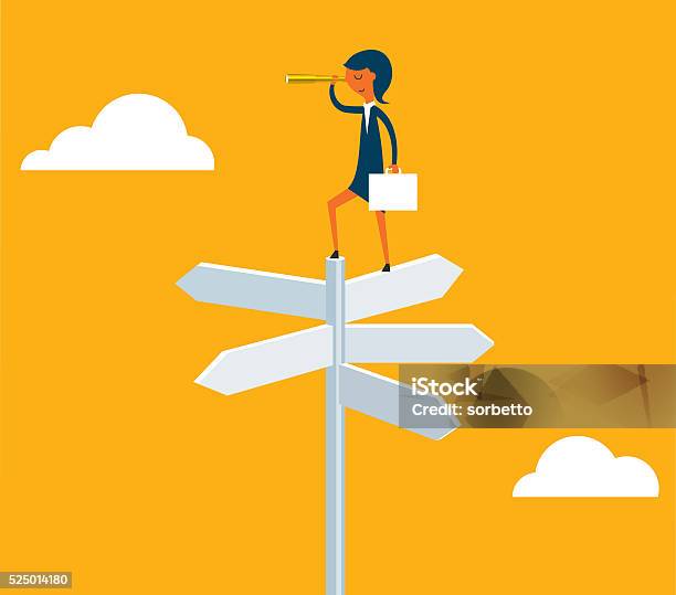 Businesswoman With Spyglass On A Crossroad Sign Stock Illustration - Download Image Now - Direction, Job Search, Searching