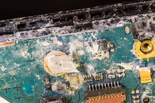 Water damaged electronic PCB board from a mobile phone, showing the effects of the gadget after it has been though a washing machine and broke.