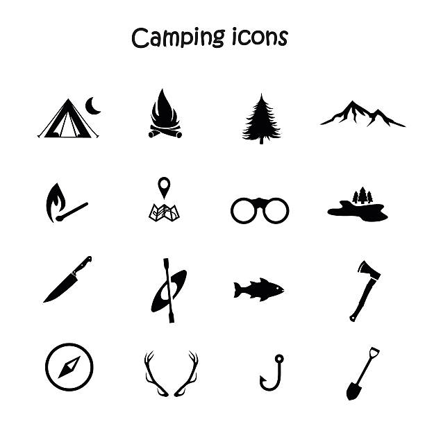 ilustraciones, imágenes clip art, dibujos animados e iconos de stock de campamento conjunto de iconos de vector - outdoors tent tourism animals in the wild