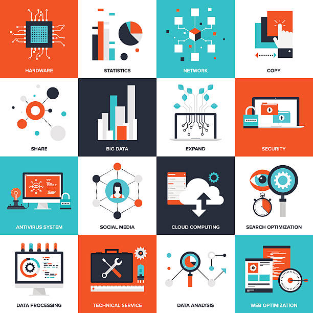 Technology concepts Abstract flat vector illustration of technology concepts. Elements for mobile and web applications. scrutiny icon stock illustrations