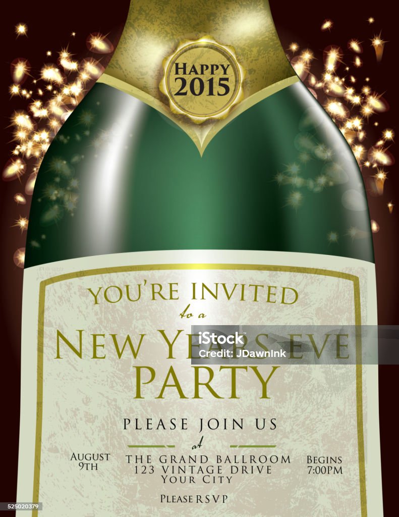 Feliz Año Nuevo Eve botella de champán diseño de plantilla de la invitación - arte vectorial de Botella libre de derechos