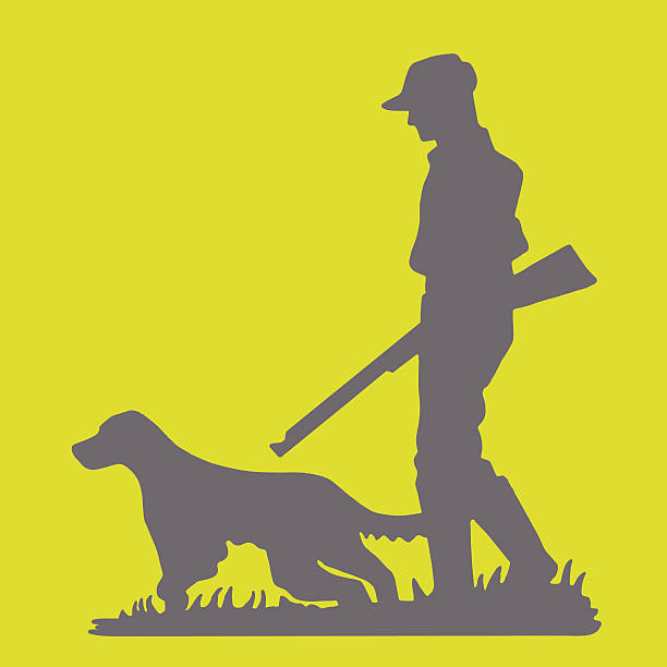 ilustraciones, imágenes clip art, dibujos animados e iconos de stock de silueta de perro cazador y - green background color image people animal