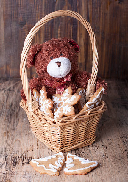 istock Christmas decoration with teddy bears in a basket 525021397