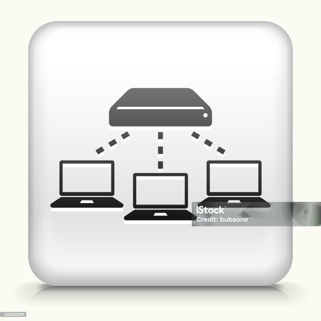 Sketch of wireless router connecting three computers. White Square Button with Computer Connection Communication stock vector