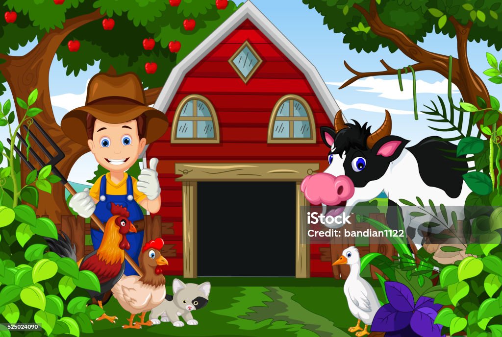 farmer at his farm with a bunch of farm animals vector illustration of farmer at his farm with a bunch of farm animals Farm stock vector