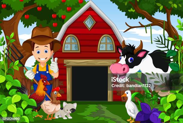 Farmer At His Farm With A Bunch Of Farm Animals Stock Illustration - Download Image Now - Farm, Adult, Agricultural Field