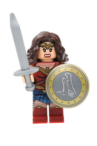 Adelaide, Australia - April 28, 2016:A studio shot of a Wonder Woman Lego Minifigure from the DC comics and movies. This particular mini figure is based on the movie Batman V. Superman: Dawn of Justice. Lego is extremely popular worldwide with children and collectors.