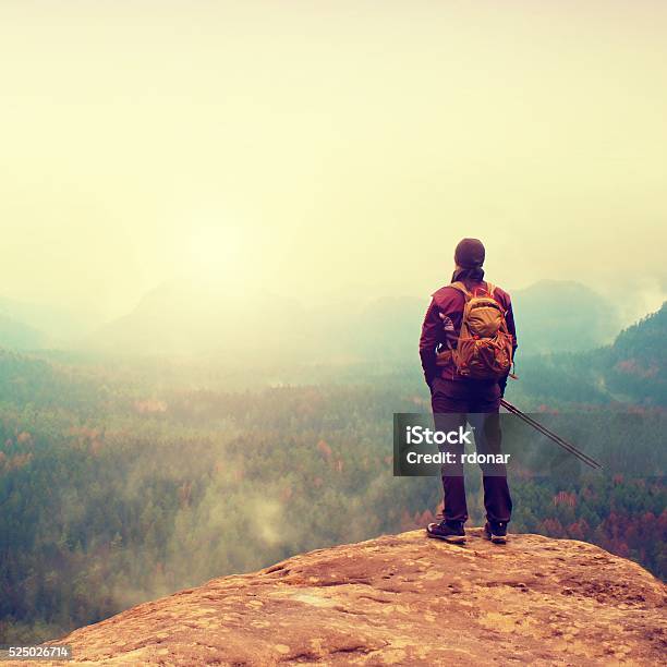Tourist Watching Into Deep Misty Valley Bellow Spring Day Stock Photo - Download Image Now