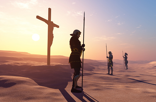 Crucified Jesus and the soldiers in the desert.