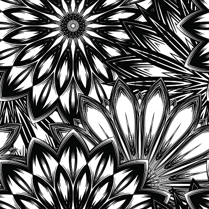 Seamless floral background. Tracery handmade nature ethnic fabric backdrop pattern with flowers. Textile design texture. Decorative binary art. Vector.
