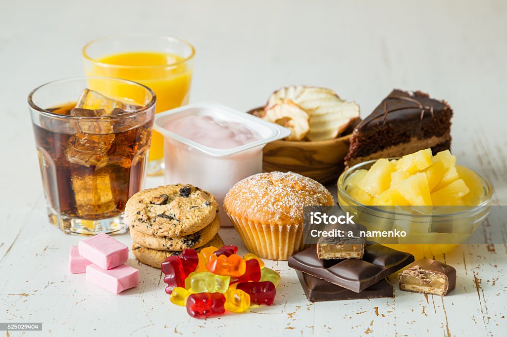 Selection of food high in sugar Selection of food high in sugar, copy space Sugar - Food Stock Photo
