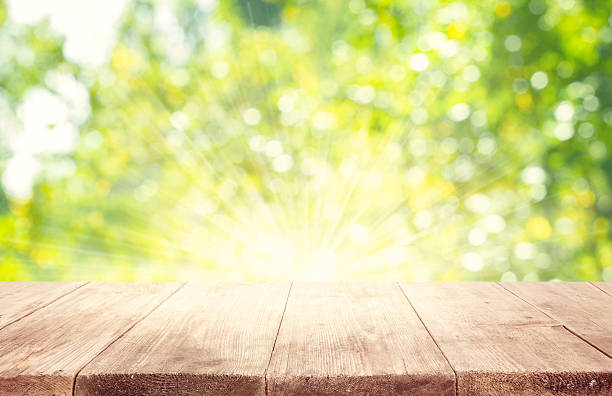 istock Empty Wooden Table Planks, Green Blurred Trees Background 525032958