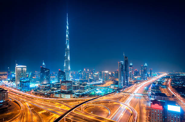 Dubai downtown skyline, Dubai, United Arab Emirates Amazing night dubai downtown skyline, Dubai, United Arab Emirates khalifa stock pictures, royalty-free photos & images