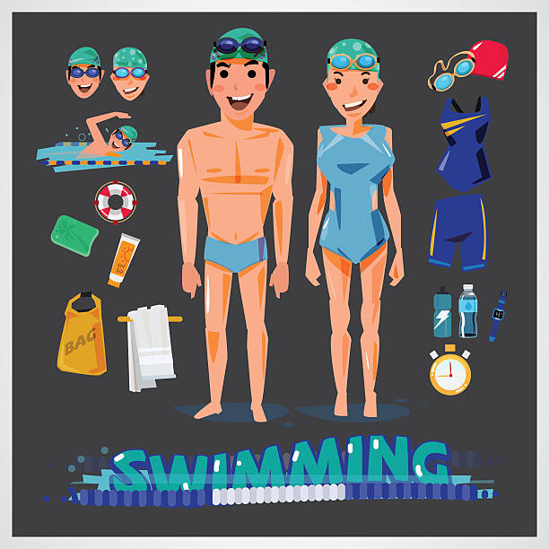 のキャラクター、キット雄および 女性.スポーツコンセプト - swimming goggles点のイラスト素材／クリップアート素材／マンガ素材／アイコン素材
