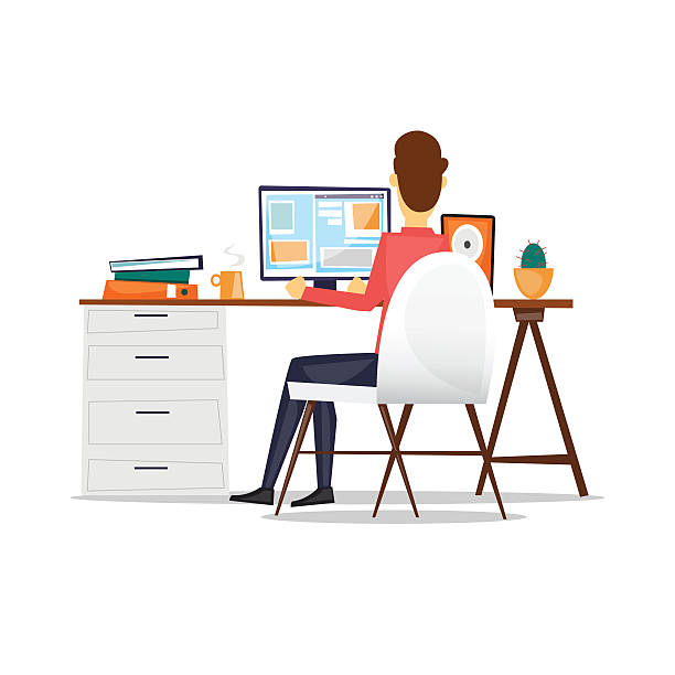 Man sitting at a desk and working on the computer. Man sitting at a desk and working on the computer back view, on an isolated background. Flat design vector illustration. business person typing on laptop stock illustrations