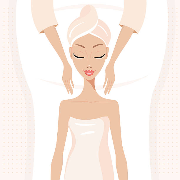 ilustrações de stock, clip art, desenhos animados e ícones de bela jovem mulher relaxante no salão de beleza spa corpo massagem facial - massaging human hand massage therapist vector