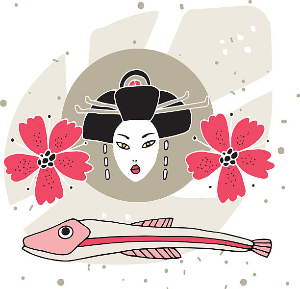 현대적인 스타일 분재 ~의 배경 geaisha 꽃과 고기잡이 - japanese culture single flower flower east stock illustrations