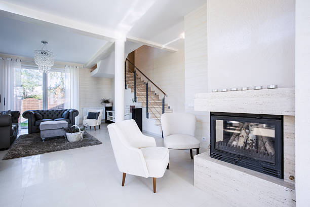 istock Luxury living room with fireplace 525039081