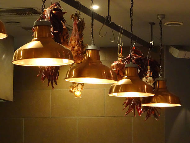 Image of stylish hanging copper kitchen lamps / lights in row