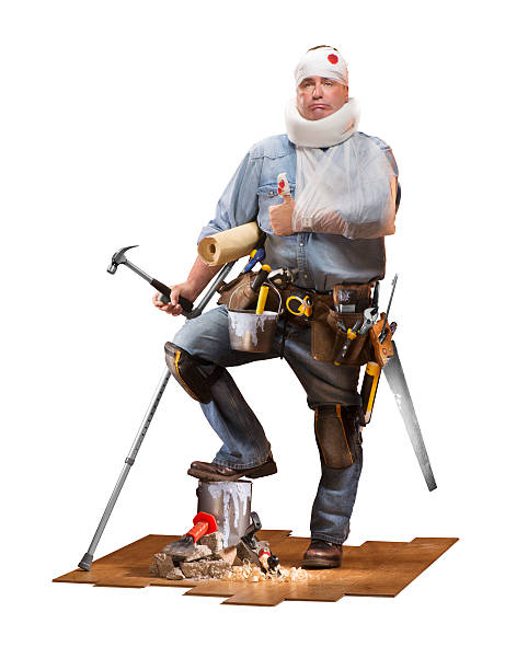 DIY Mishap Man Mature man with all the gear , no idea man with arm sling stock pictures, royalty-free photos & images