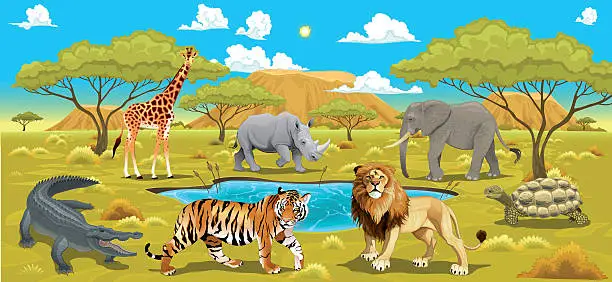 Vector illustration of African landscape with animals.