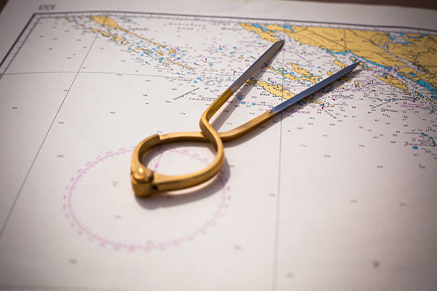 istock Pair of compasses for navigation on a sea map 525042145