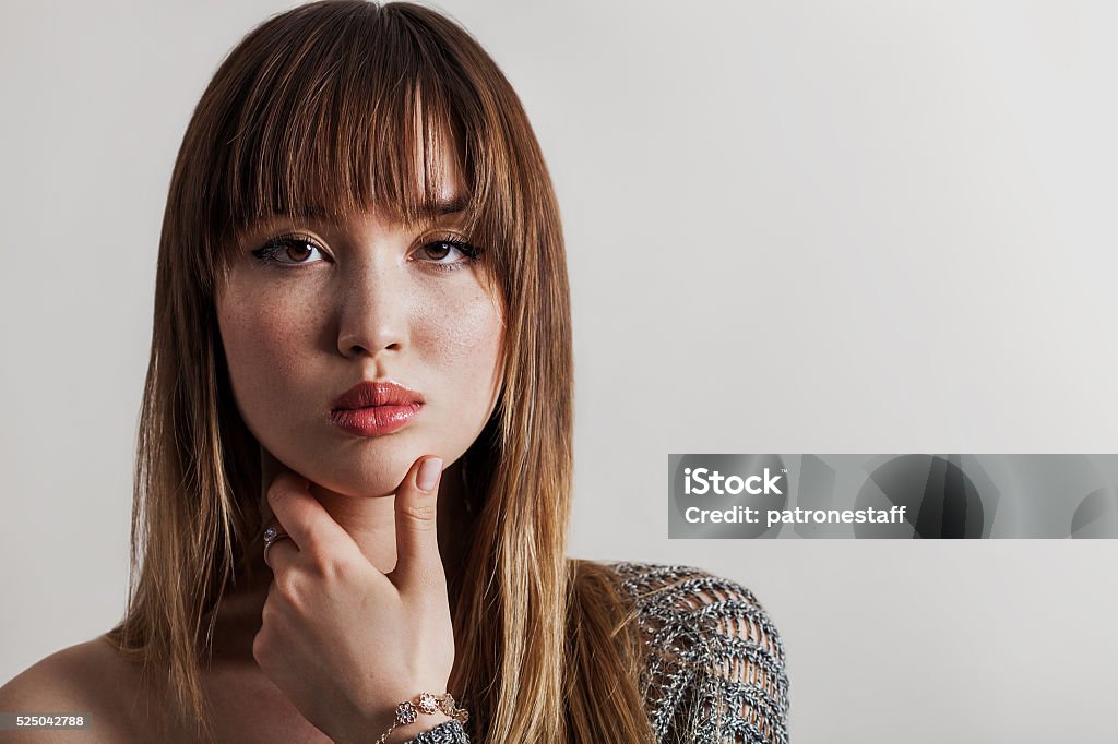 Gorgeous girl portrait with freckles Bangs - Hair Stock Photo