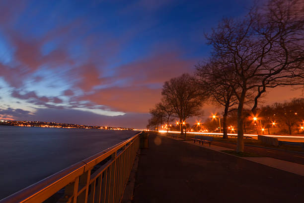 Background image of a bridge lamp post, tree branches and cloudy skies.